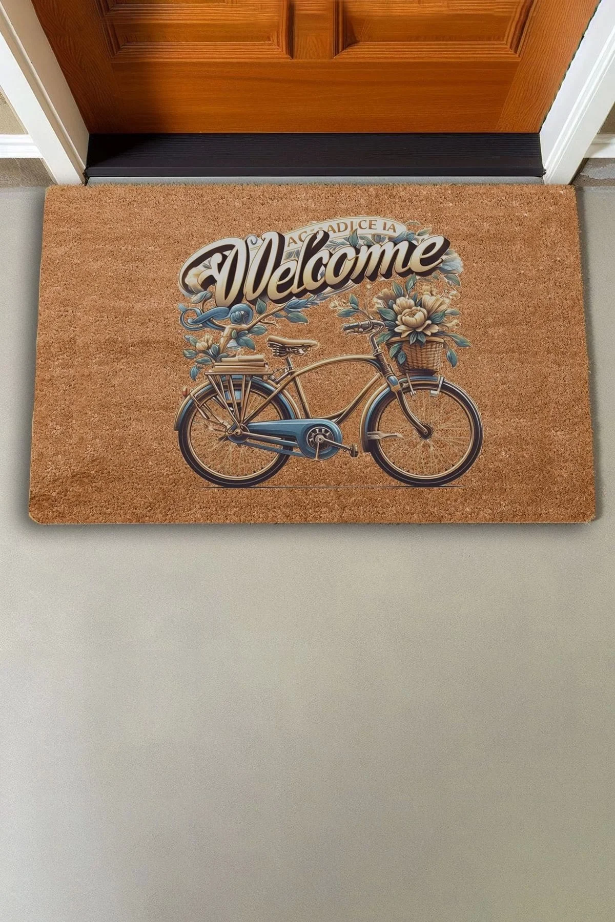 Valerine Life Vintage Çiçekler ve Bisiklet Welcome Kapı Önü Paspası 45x70cm