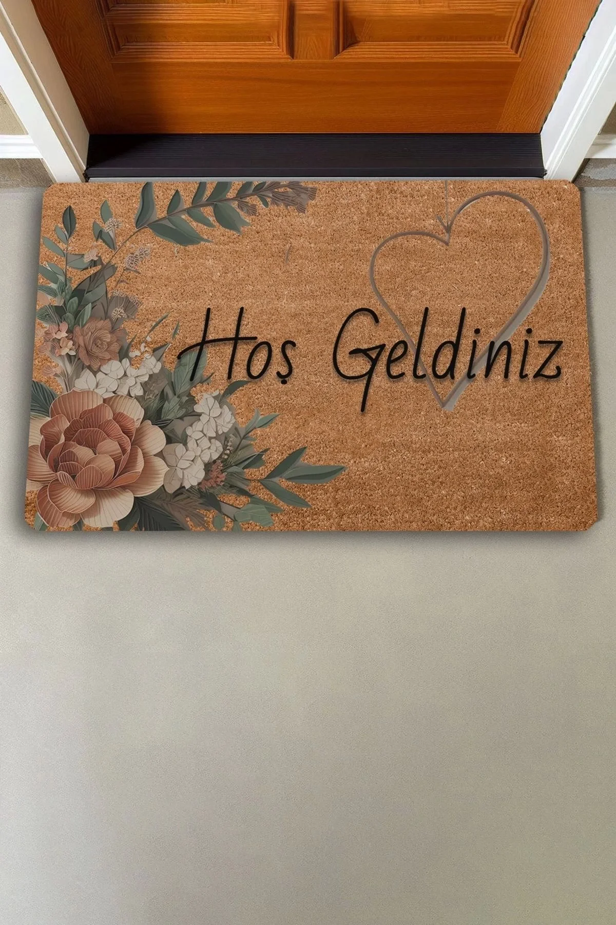 Valerine Life Vintage Kahverengi Zambak ve Kalp Hoş Geldiniz Kapı Önü Paspası 45x70cm