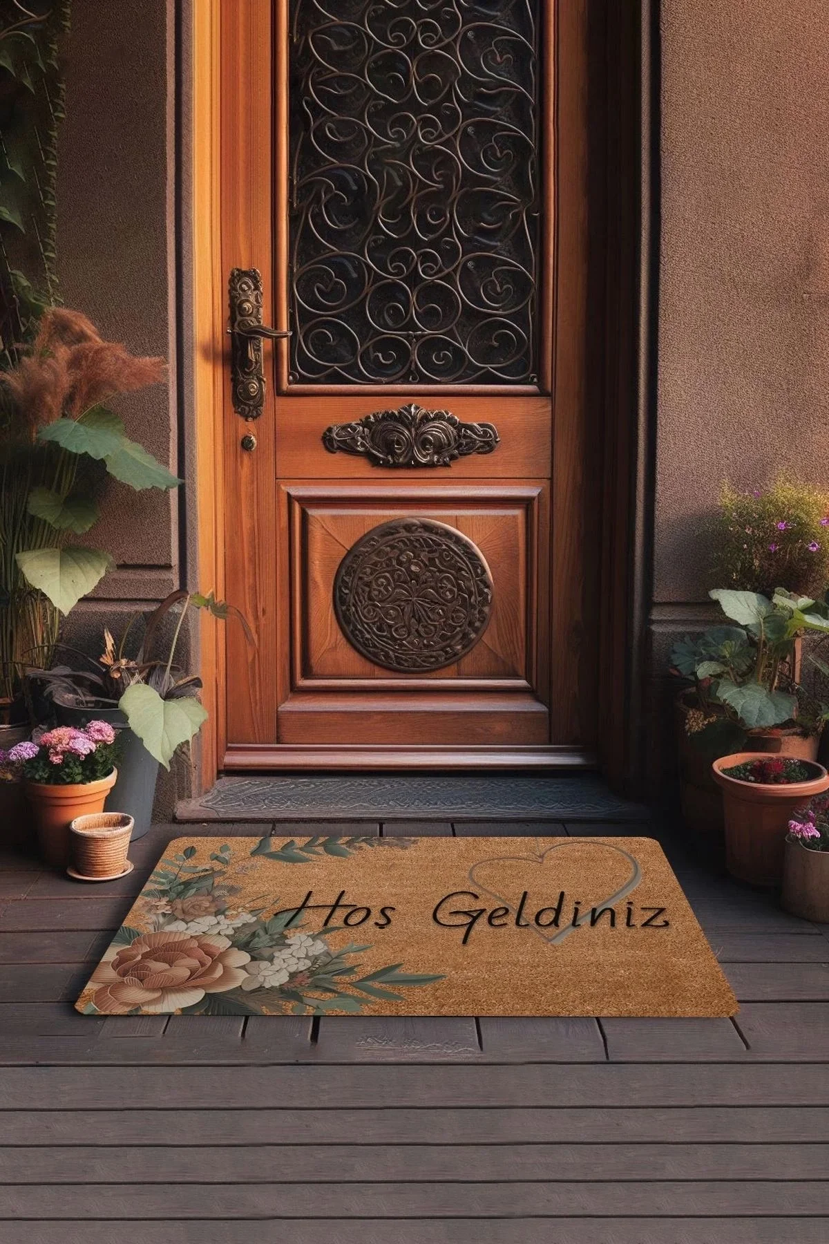 Valerine Life Vintage Kahverengi Zambak ve Kalp Hoş Geldiniz Kapı Önü Paspası 45x70cm