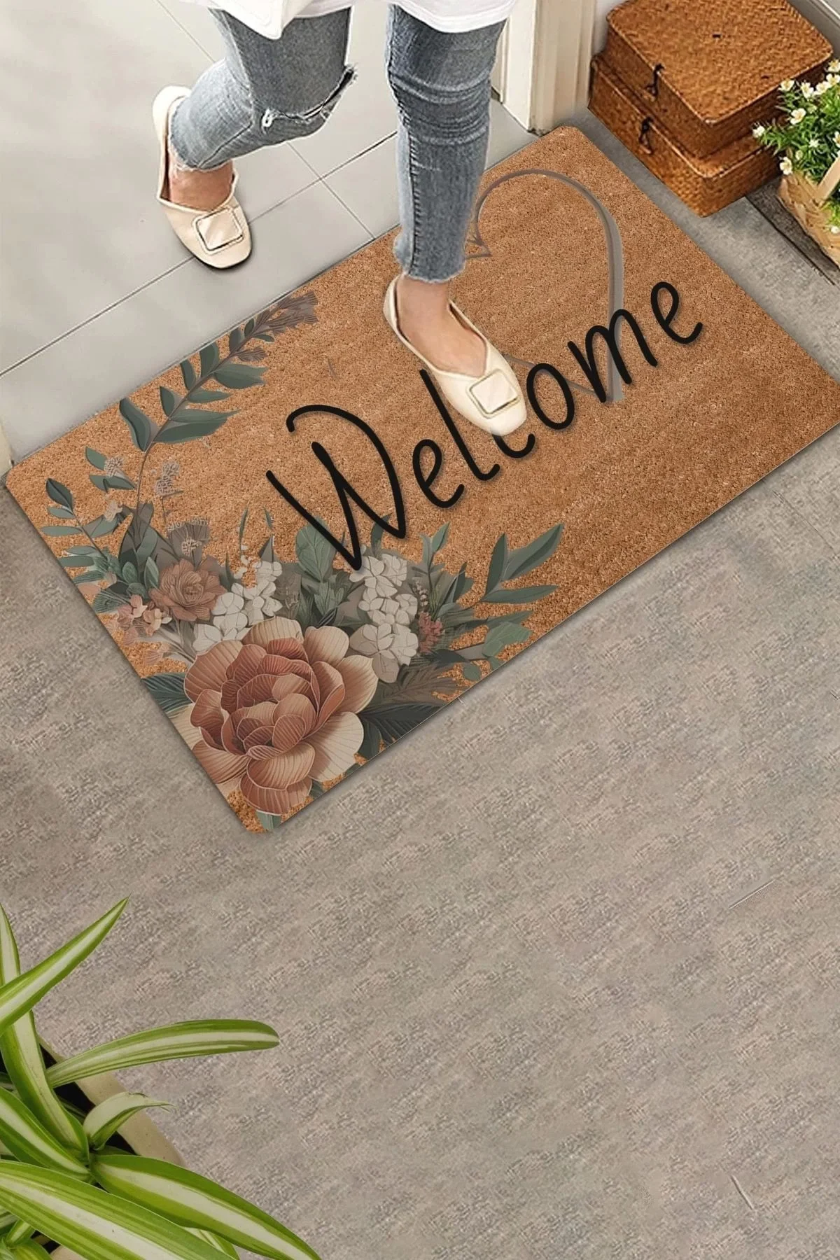 Valerine Life Vintage Kahverengi Zambak ve Kalp Kaymaz Hoş Geldiniz Welcome Kapı Önü Paspası 45x70cm