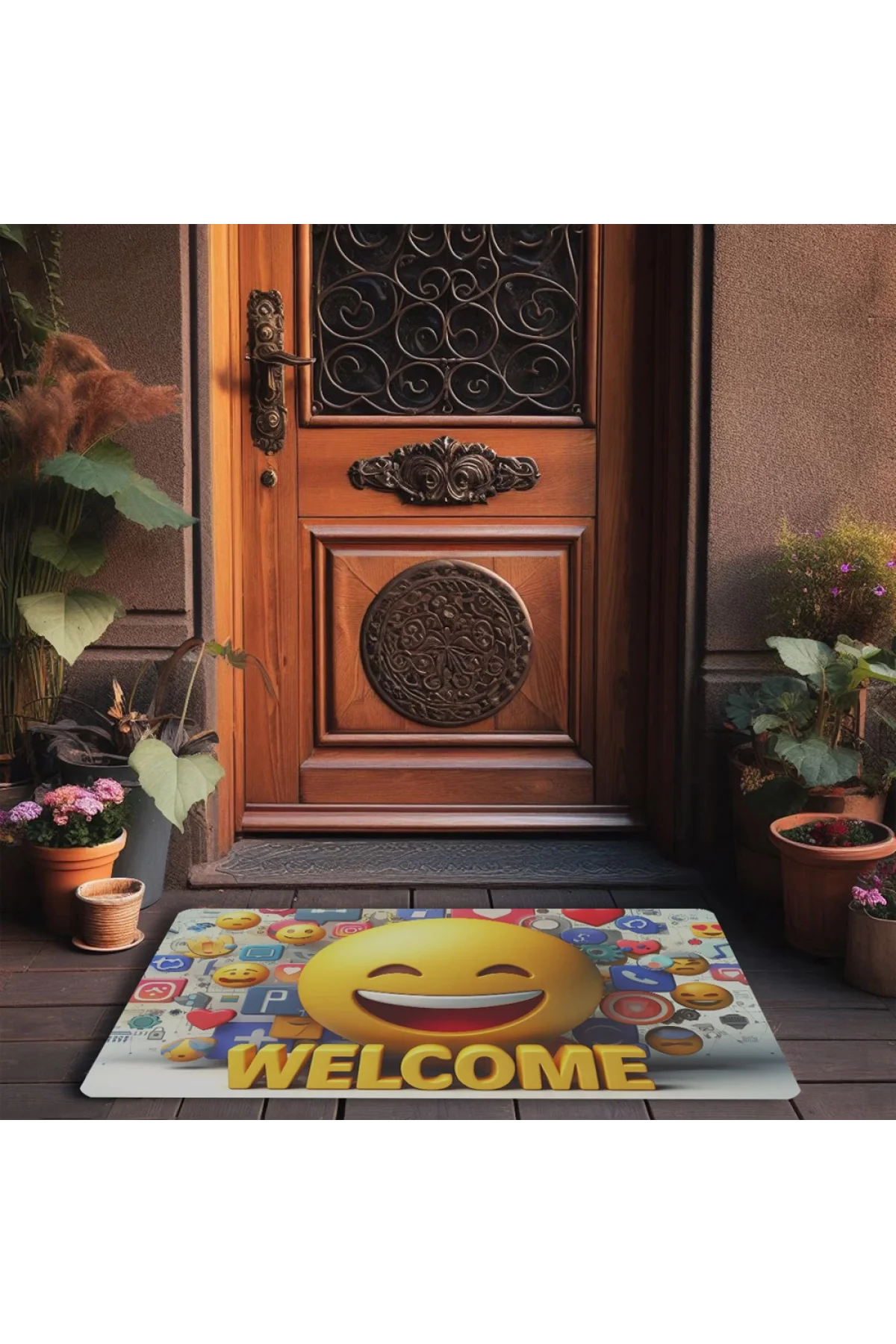Valerine Life Gülen Surat Emoji Welcome Kapı Önü Paspası 45x70cm