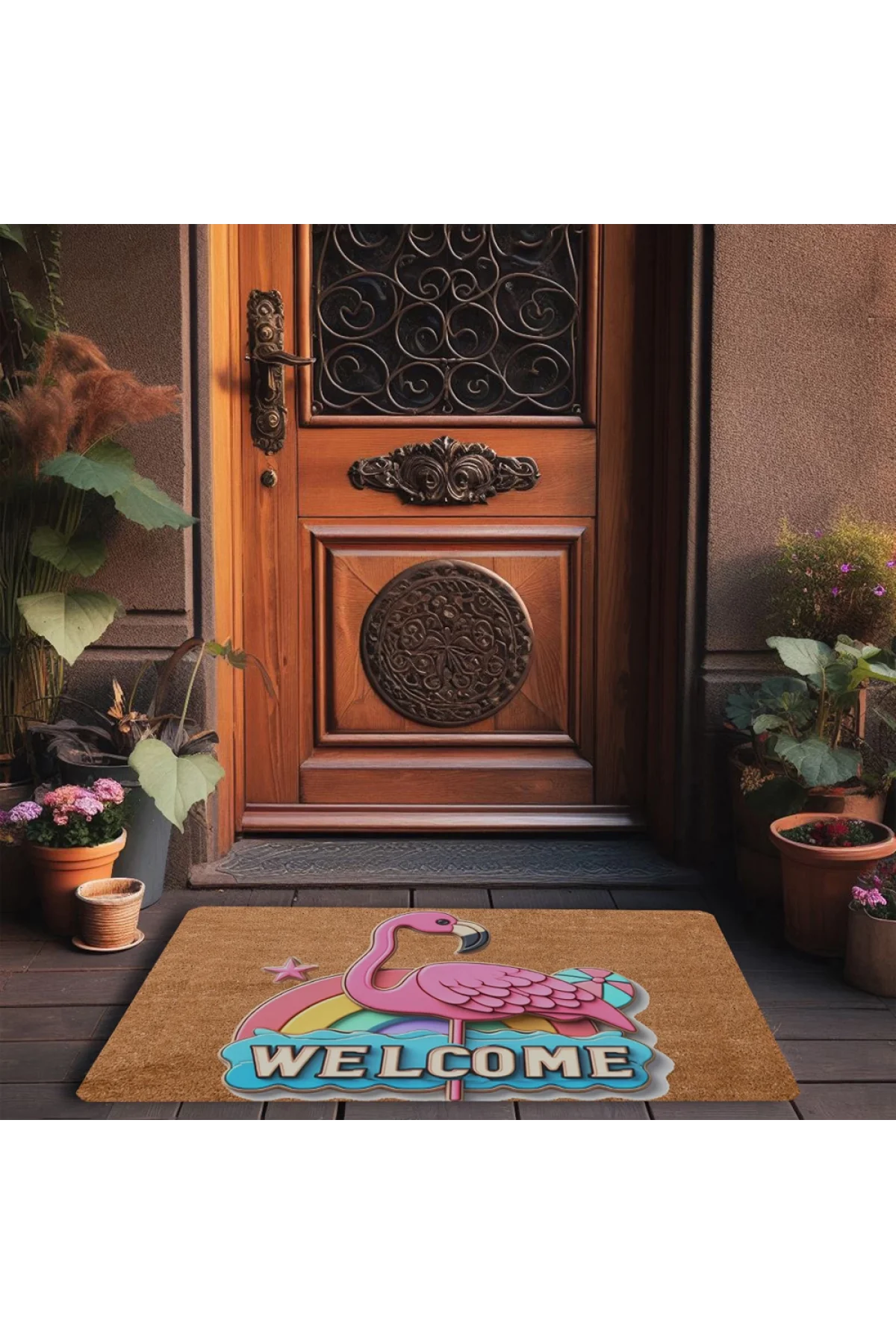 Valerine Life Gökkuşağı ve Flamingo Welcome Kapı Önü Paspası 45x70cm
