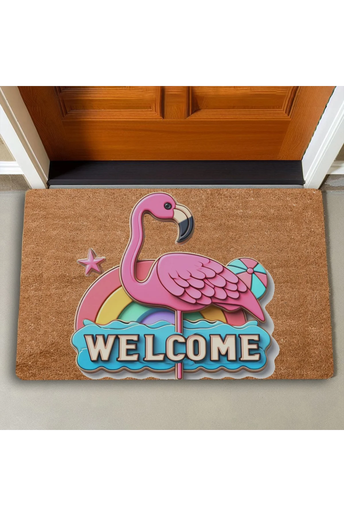 Valerine Life Gökkuşağı ve Flamingo Welcome Kapı Önü Paspası 45x70cm