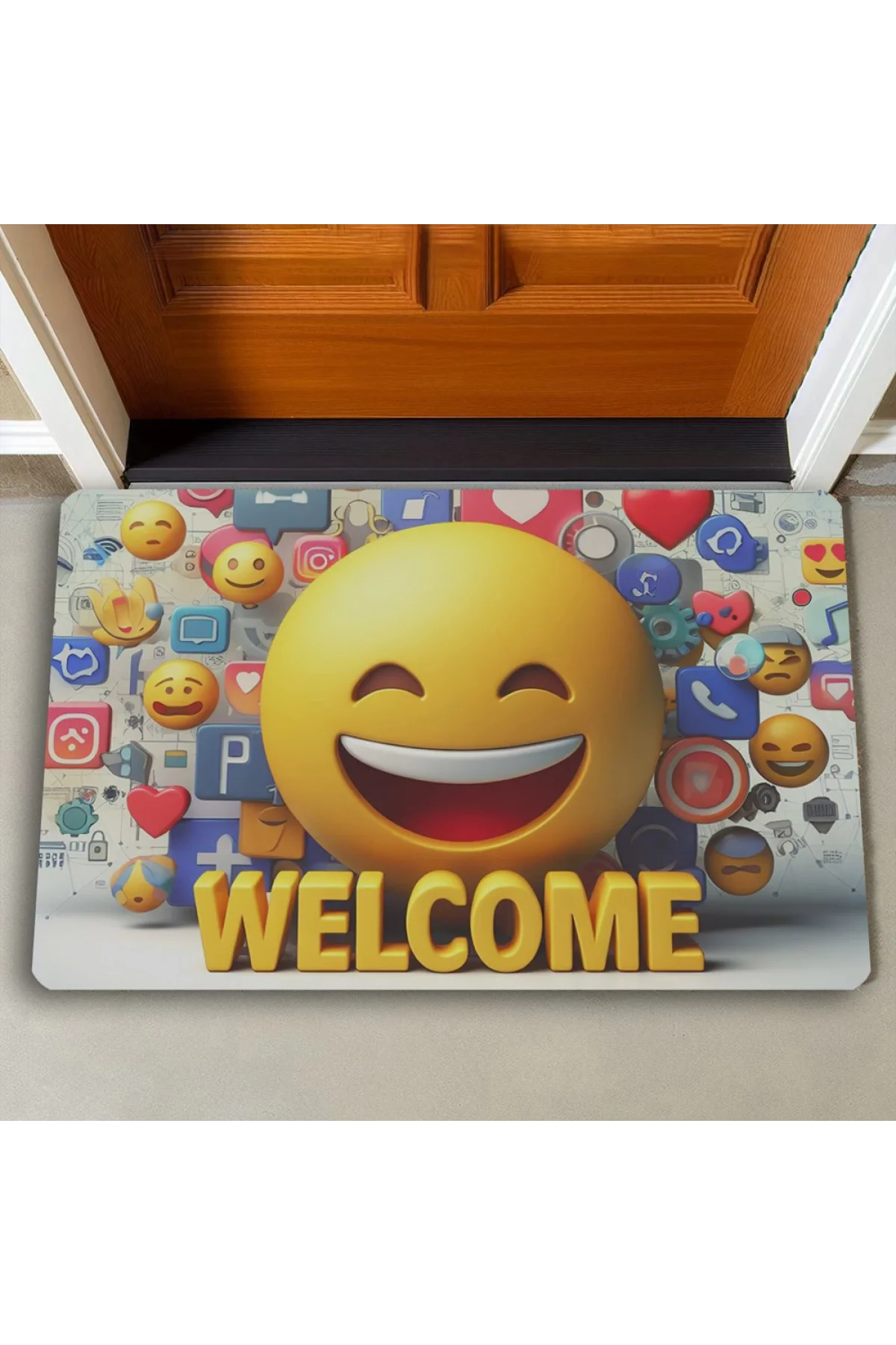 Valerine Life Gülen Surat Emoji Welcome Kapı Önü Paspası 45x70cm