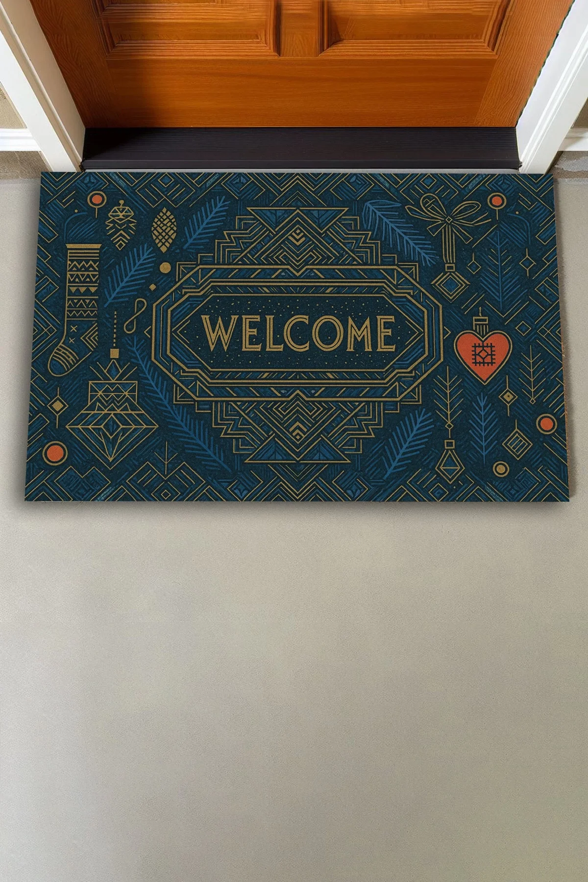 Valerine Life Art Deco Stili Yılbaşı Yeni Yıl Noel Welcome Hoş Geldiniz Kapı Önü Paspası 45x70cm