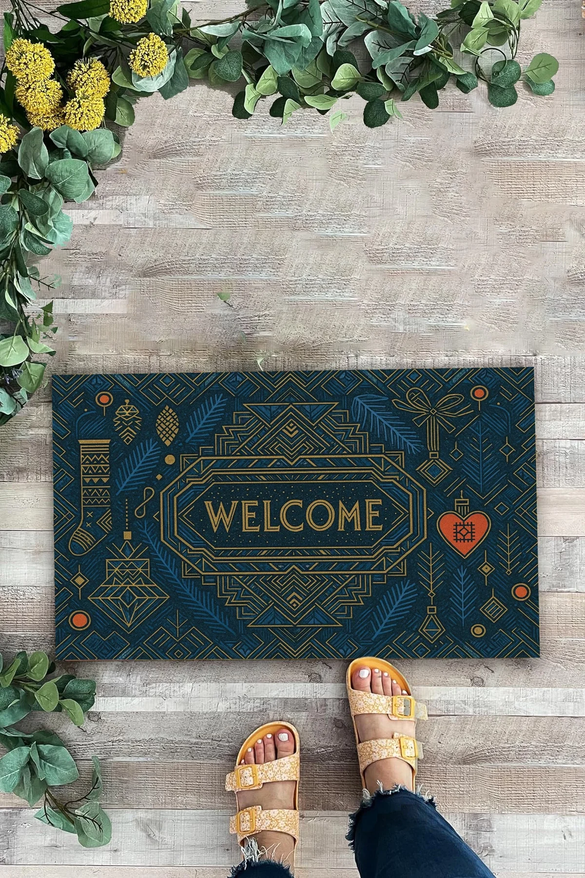 Valerine Life Art Deco Stili Yılbaşı Yeni Yıl Noel Welcome Hoş Geldiniz Kapı Önü Paspası 45x70cm