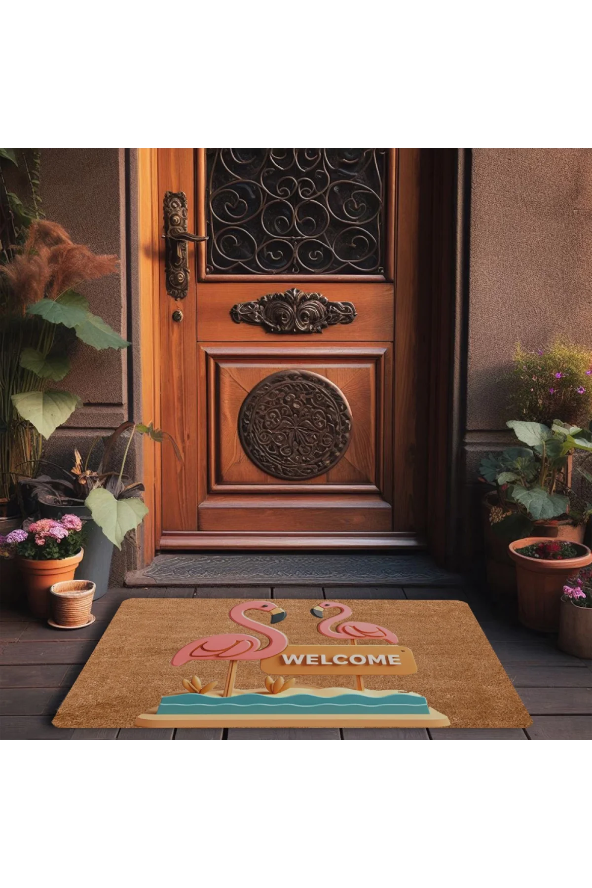 Valerine Life Pembe Flamingo Çifti Welcome Kapı Önü Paspası 45x70cm