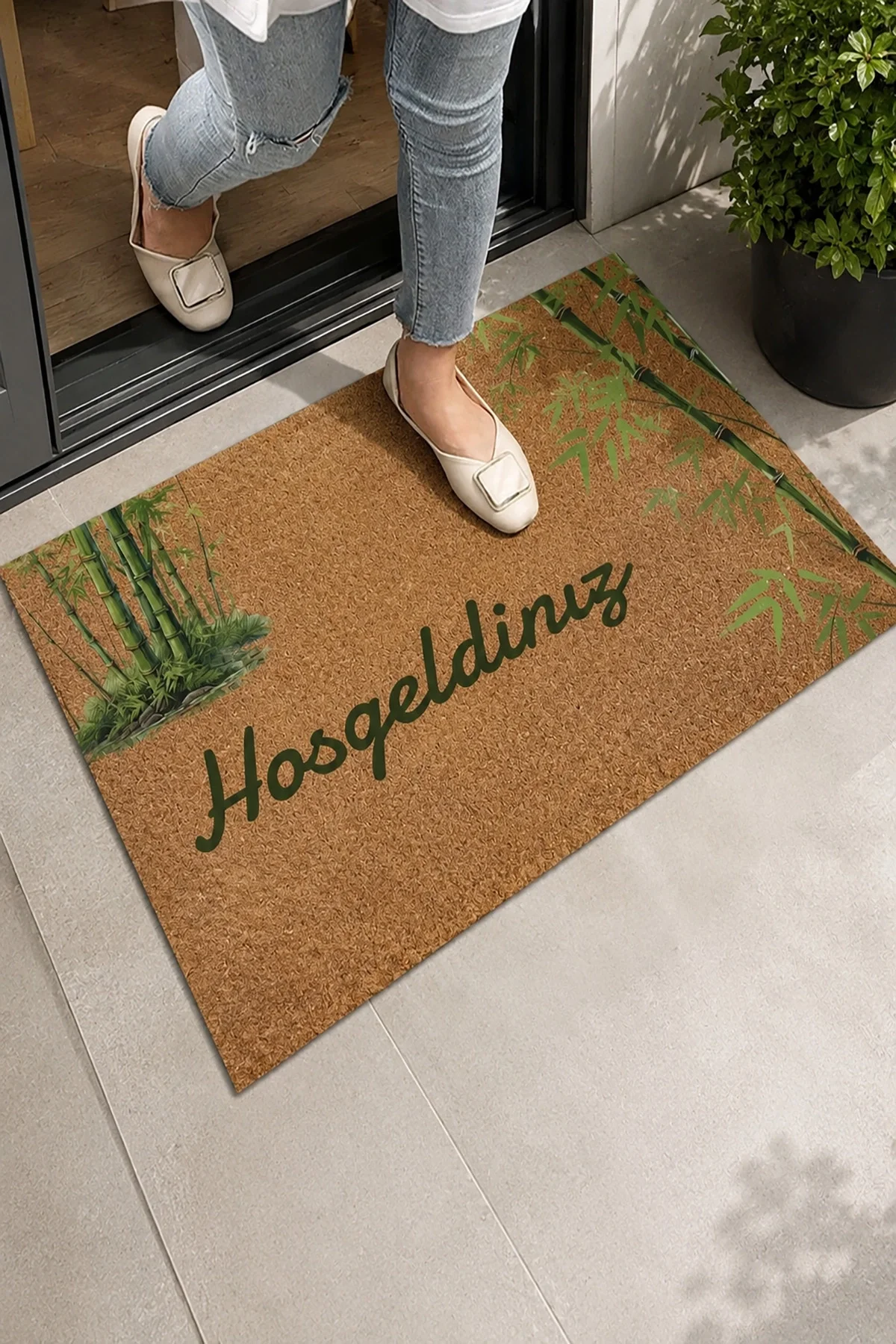 Valerine Life Yeşil Bambu Ağacı Hoş Geldiniz Welcome Ev iç Dış Kapı Önü Paspası 45x70cm