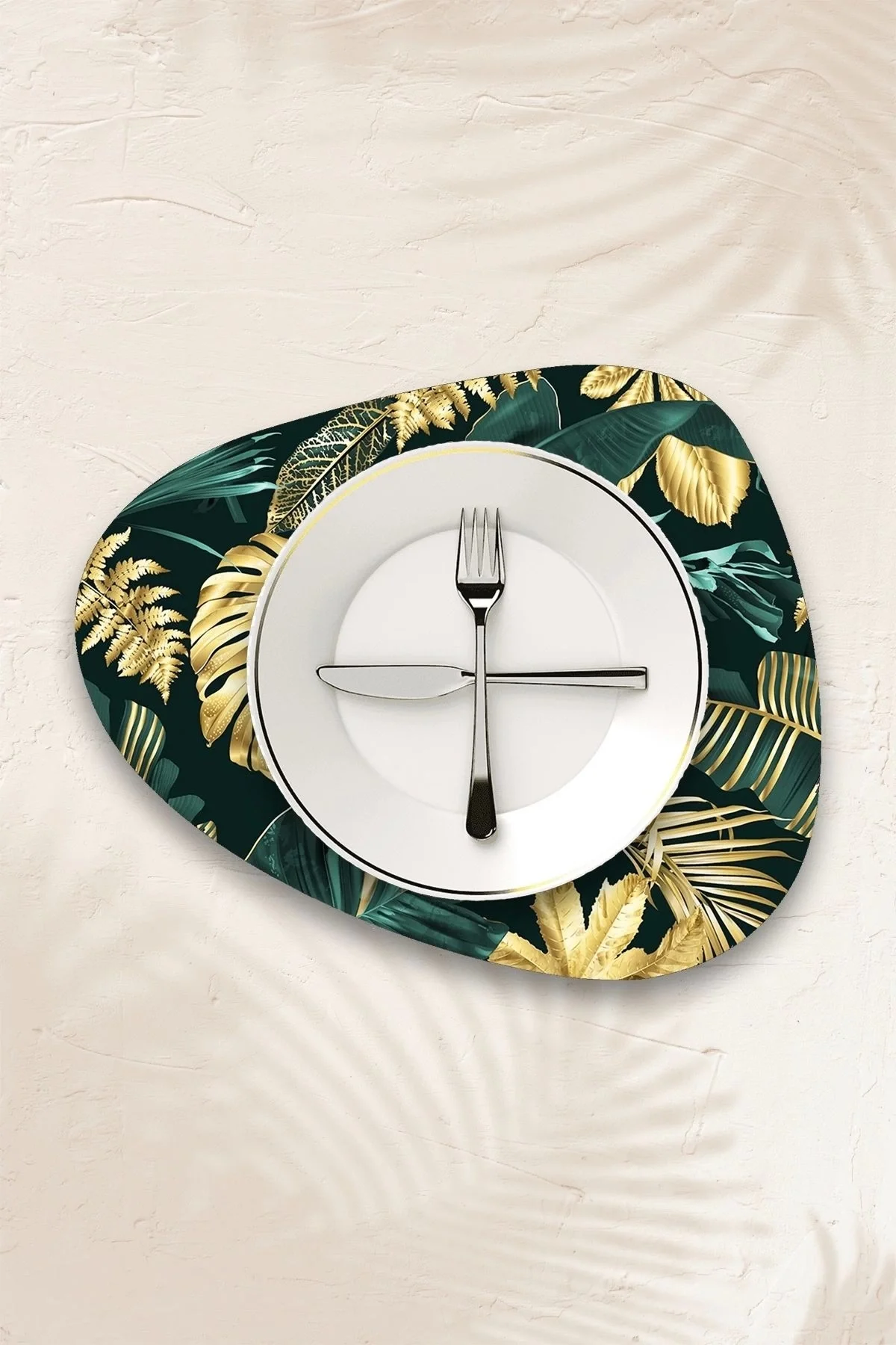 Valerine Life Yeşil Gold Palmiye Yaprak Desenli Amerikan Deri Kaymaz Yıkanabilir Servis Altlığı 12 Parça 6 Kişilik