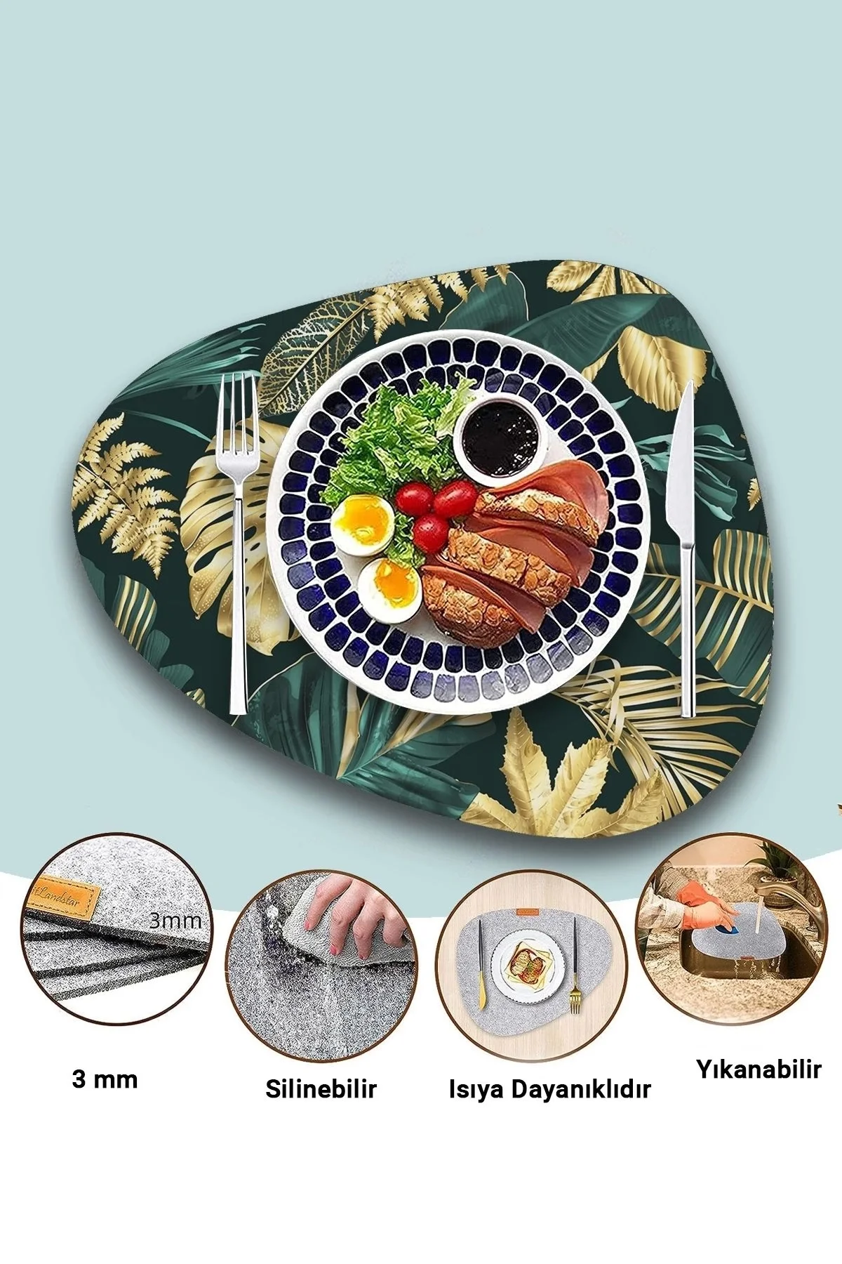 Valerine Life Yeşil Gold Palmiye Yaprak Desenli Amerikan Deri Kaymaz Yıkanabilir Servis Altlığı 12 Parça 6 Kişilik