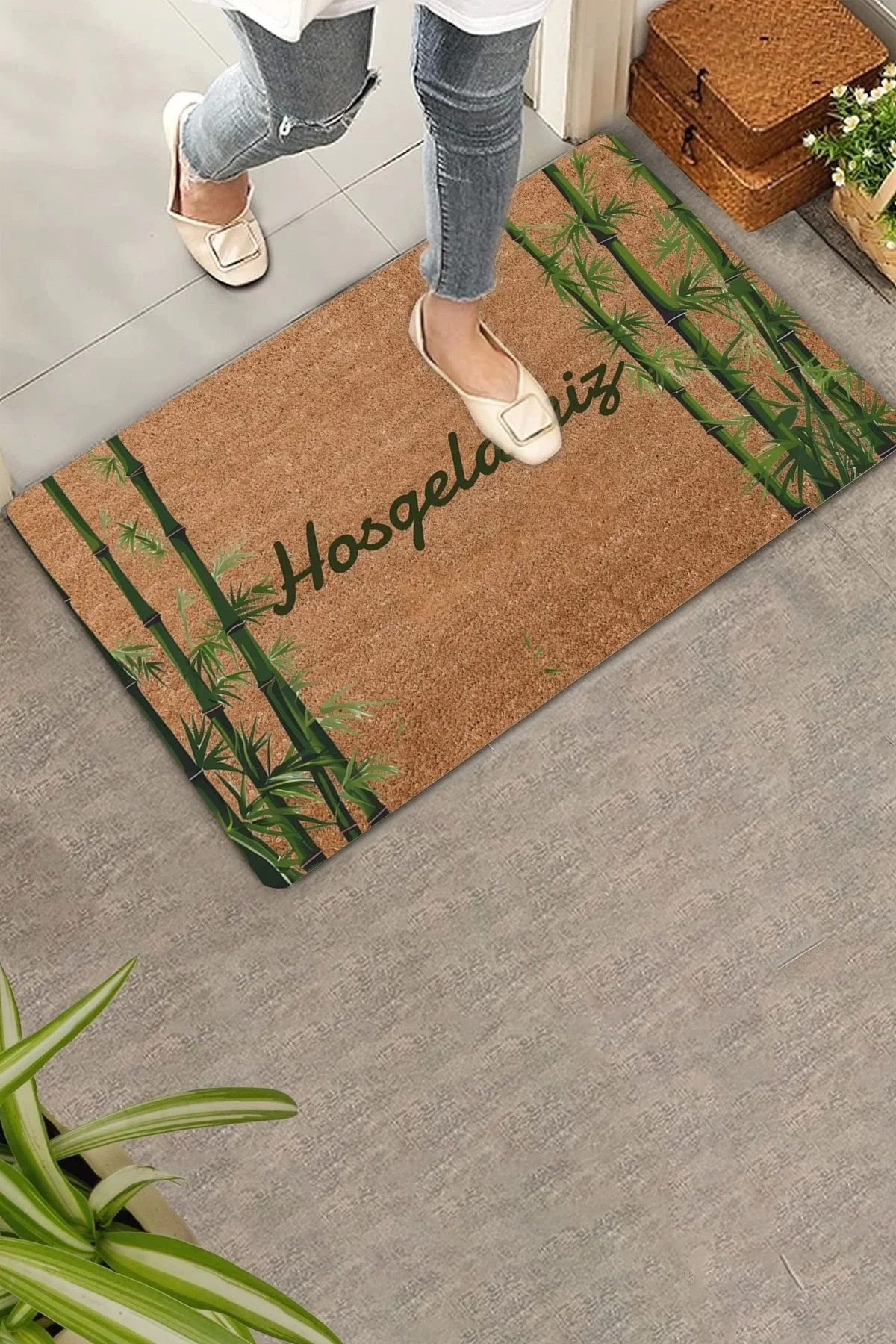 Valerine Life Yeşil İyi Şans Bambuları Hoş Geldiniz Kapı Önü Paspası 45x70cm