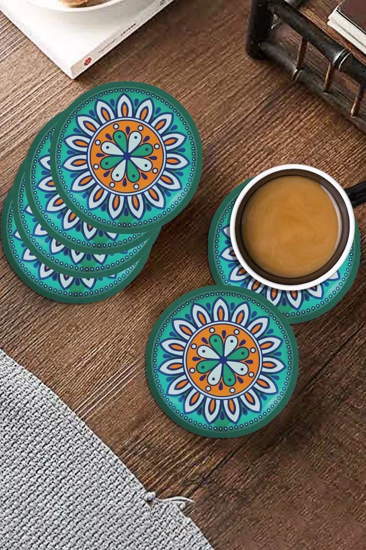 Valerine Life Yeşil Mandala Papatyalı Yıkanabilir Kaydırmaz Ofis Çay ve Fincan Bardak Altlığı 10x10cm 6 Adet