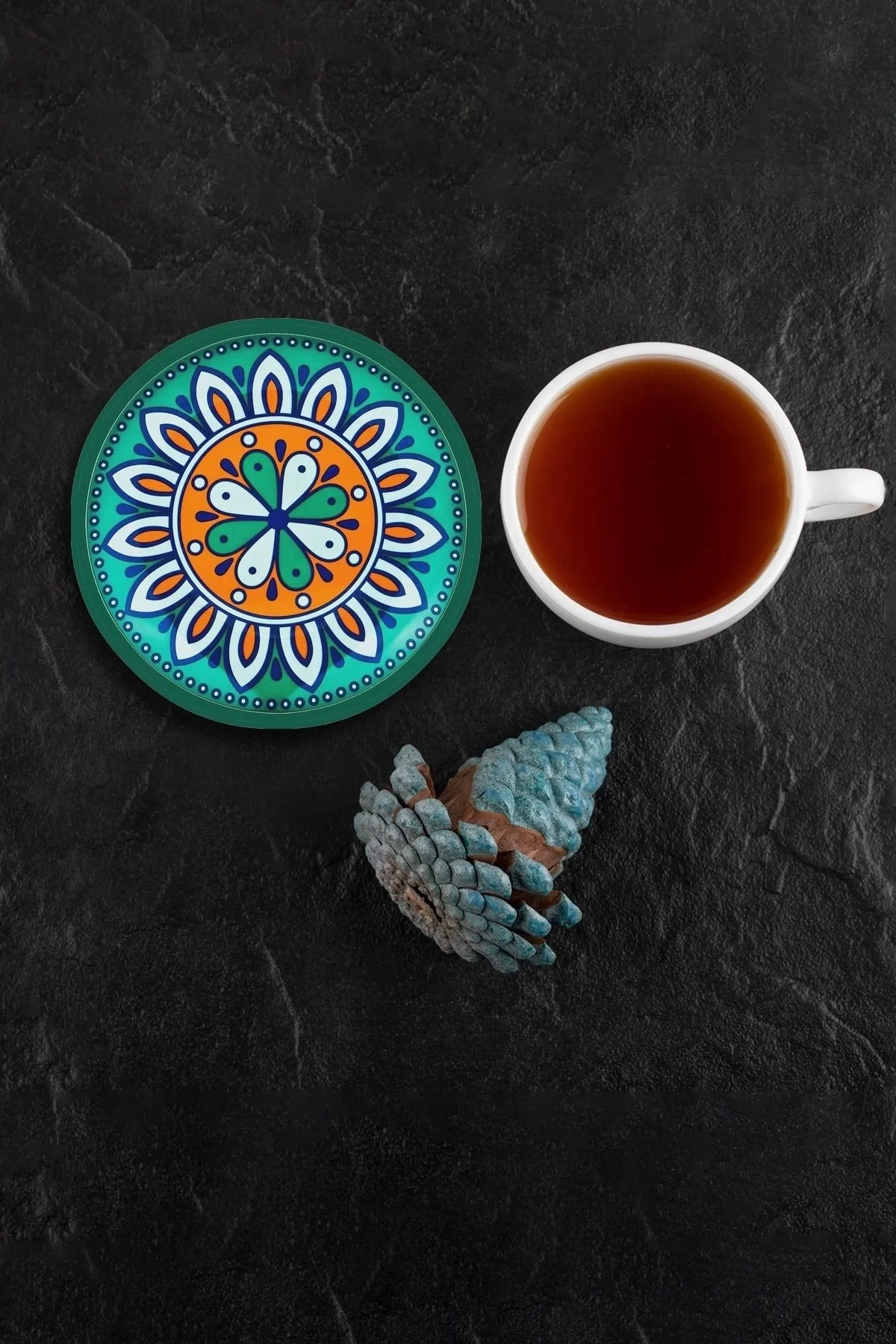 Valerine Life Yeşil Mandala Papatyalı Yıkanabilir Kaydırmaz Ofis Çay ve Fincan Bardak Altlığı 10x10cm 6 Adet