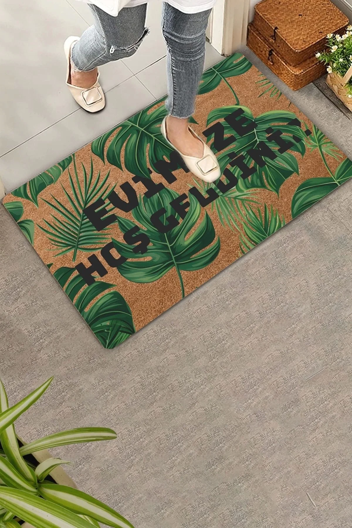 Valerine Life Yeşil Palmiye Yaprakları Evimize Hoş Geldiniz Kapı Önü Paspası 45x70cm