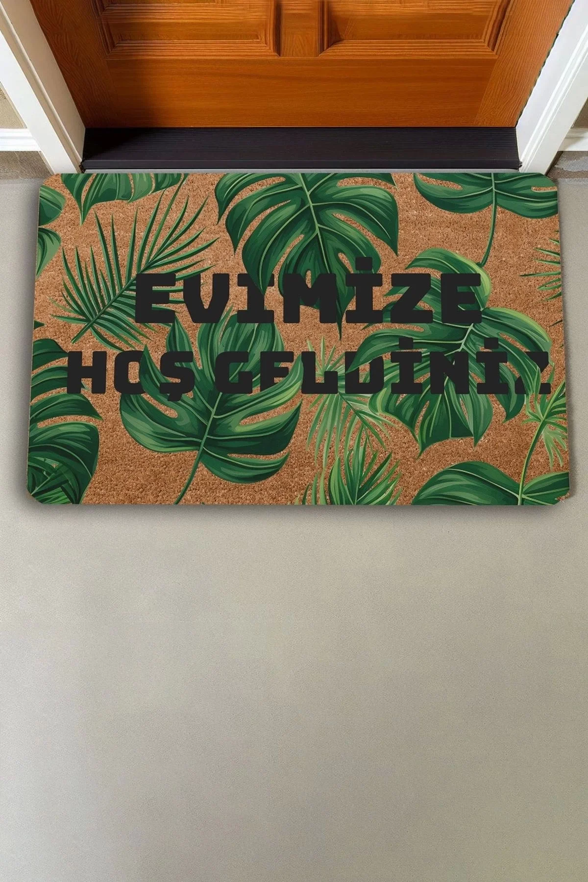 Valerine Life Yeşil Palmiye Yaprakları Evimize Hoş Geldiniz Kapı Önü Paspası 45x70cm