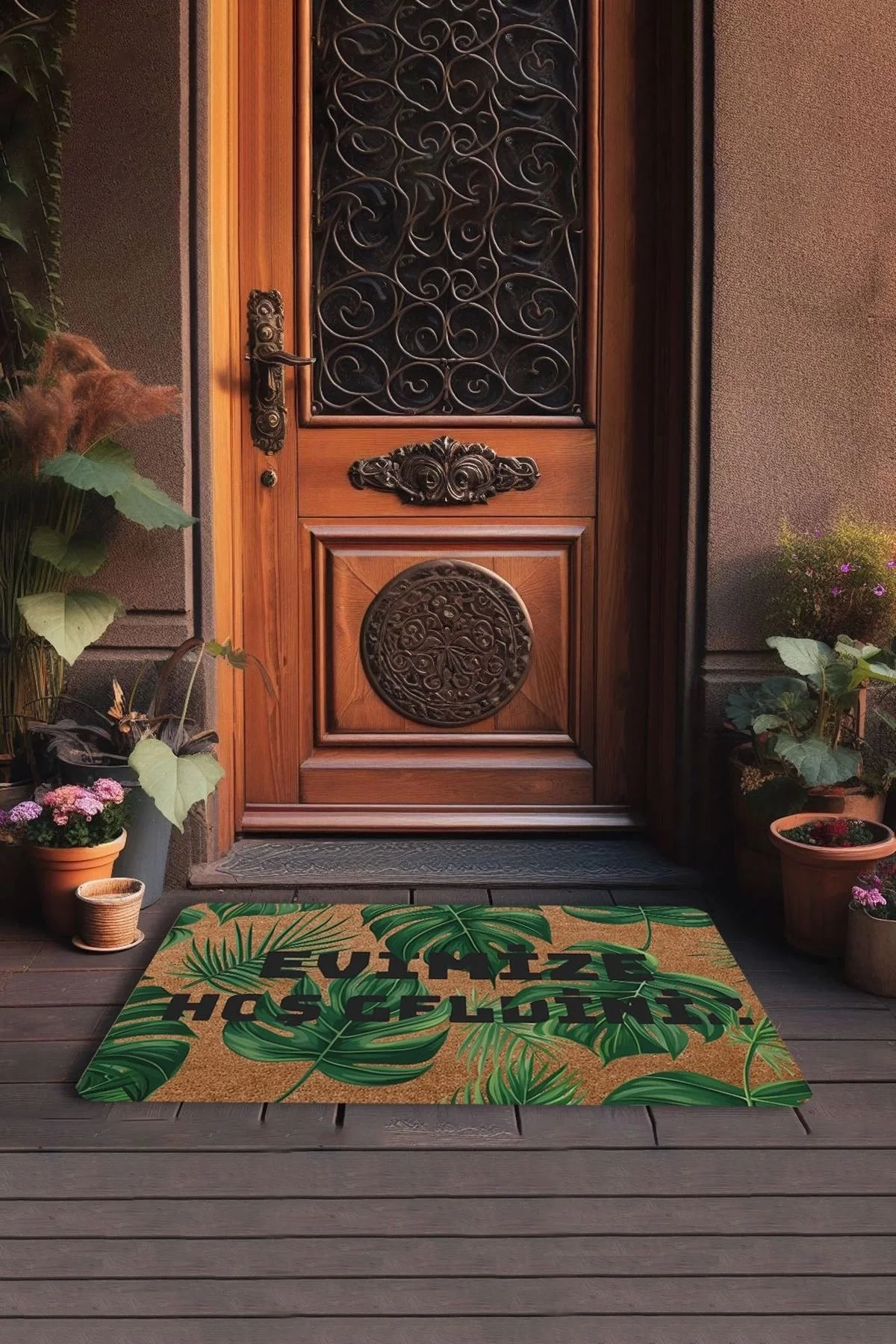 Valerine Life Yeşil Palmiye Yaprakları Evimize Hoş Geldiniz Kapı Önü Paspası 45x70cm