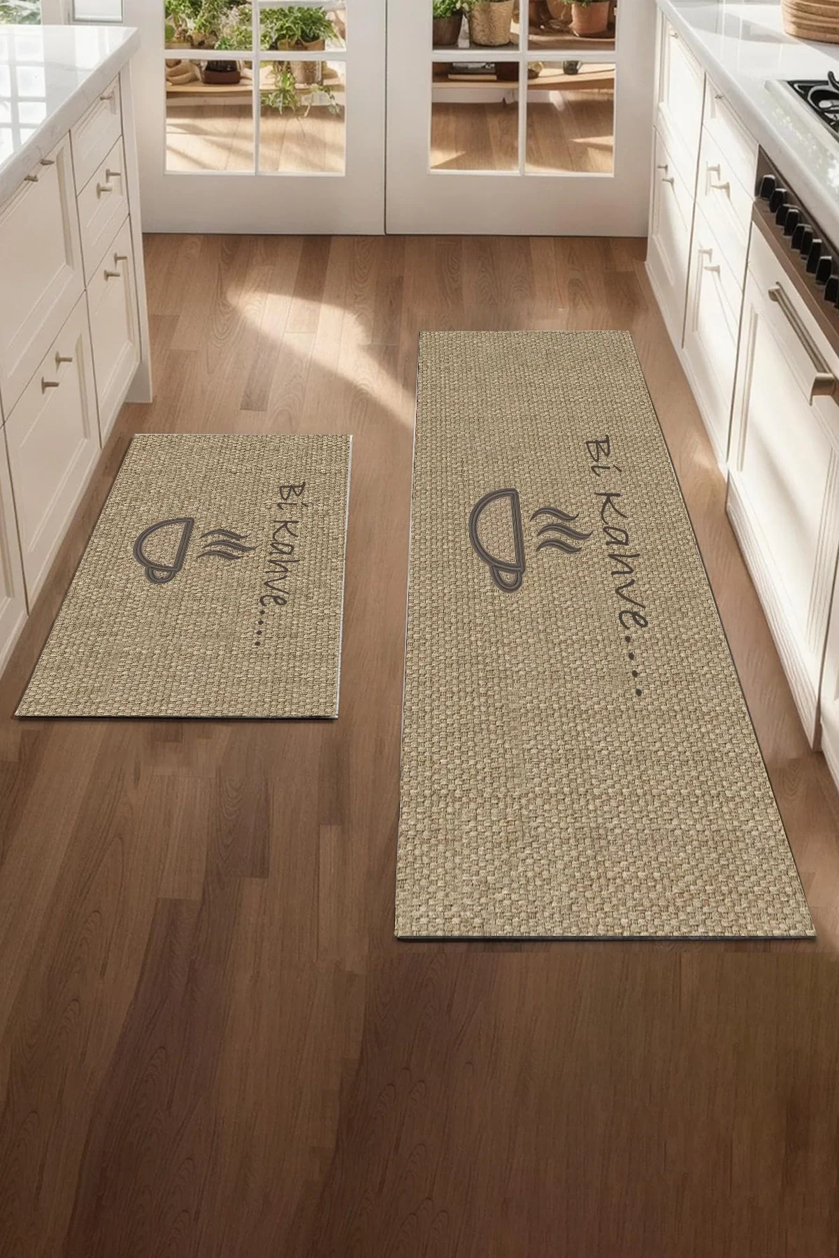 Valerine Life Bi Kahve Fincanlı Krem Rengi Mutfak Matı Halısı Yıkanır Kaymaz Taban Tezgah Önü Paspası İkili Set