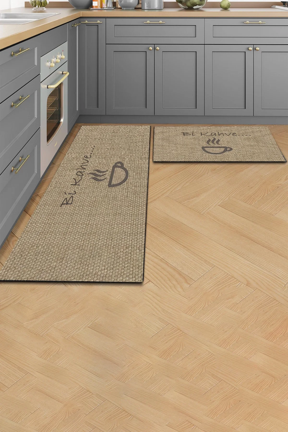 Valerine Life Bi Kahve Fincanlı Krem Rengi Mutfak Matı Halısı Yıkanır Kaymaz Taban Tezgah Önü Paspası İkili Set