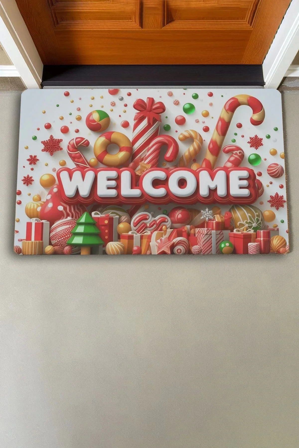 Valerine Life Yılbaşı Baston ve Yuvarlak Şekerler Welcome Kapı Önü Paspası 45x70cm