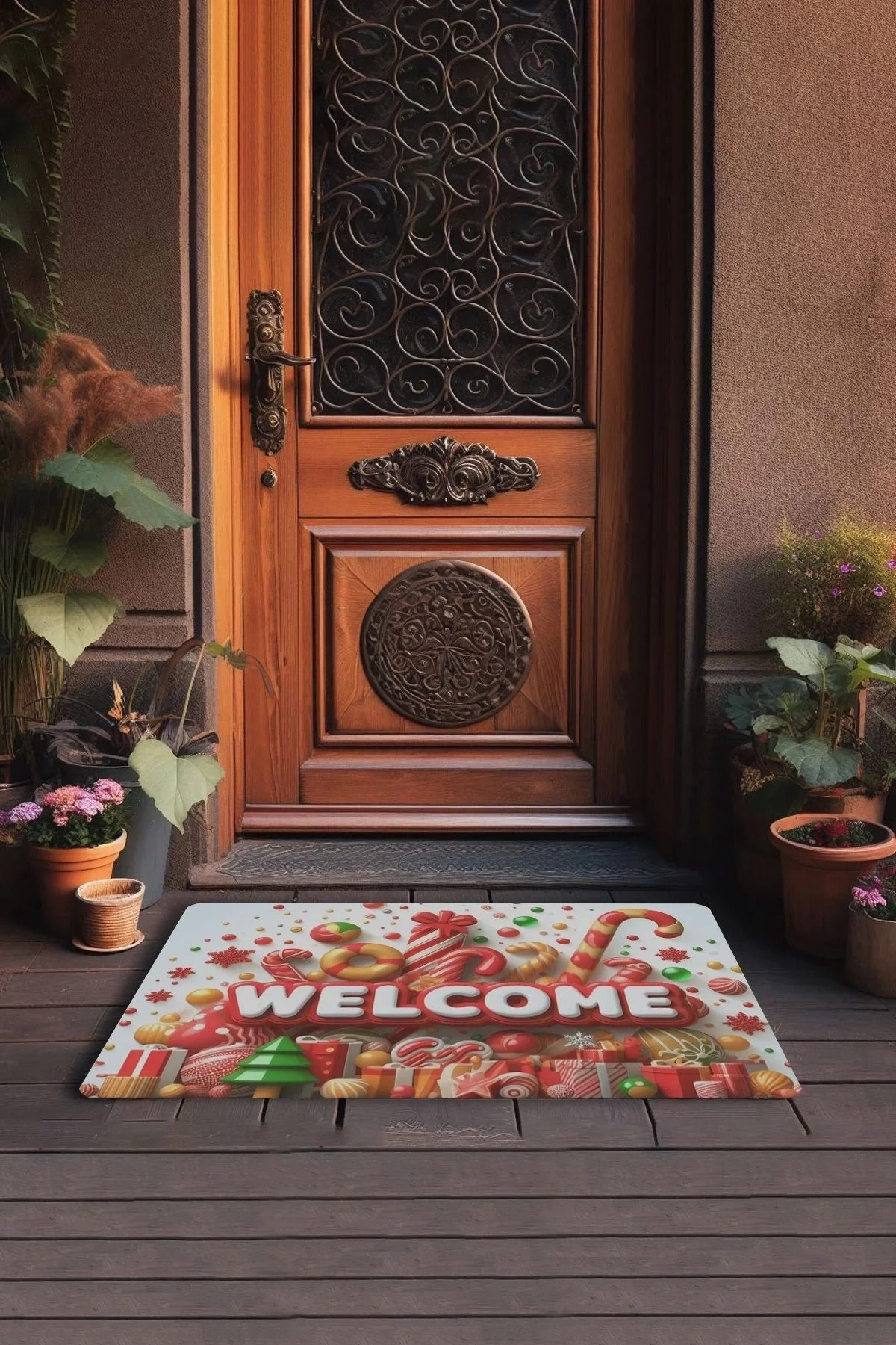 Valerine Life Yılbaşı Baston ve Yuvarlak Şekerler Welcome Kapı Önü Paspası 45x70cm