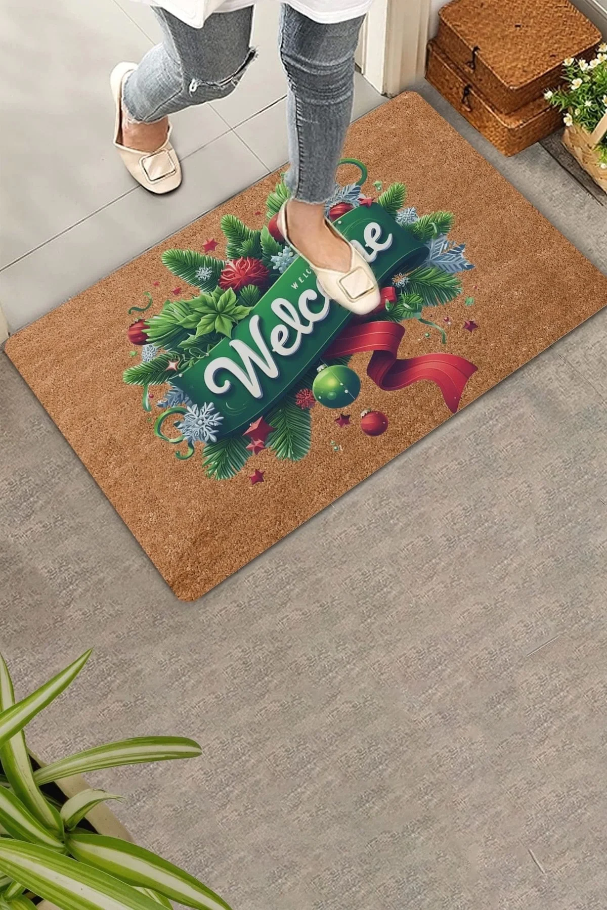 Valerine Life Yılbaşı Kapı Süsü Temalı Welcome Kapı Önü Paspası 45x70cm