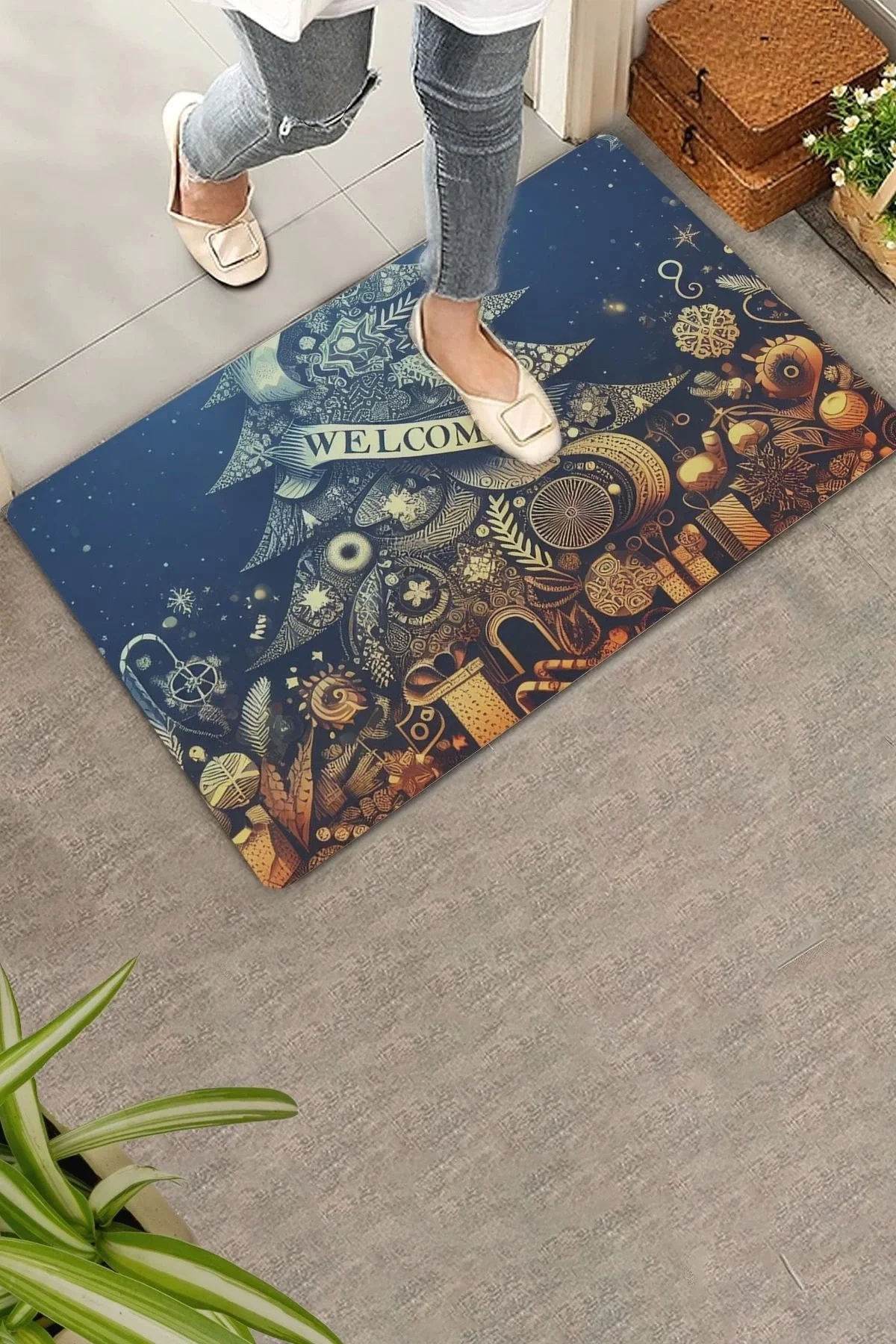 Valerine Life Yılbaşı Noel Çam Ağacı ve Hediyeler Welcome Kapı Önü Paspası 45x70cm