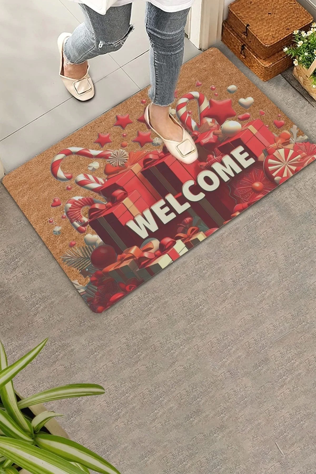 Valerine Life Yılbaşı Şemsiye Şekeri ve Hediyeler Welcome Kapı Önü Paspası 45x70cm