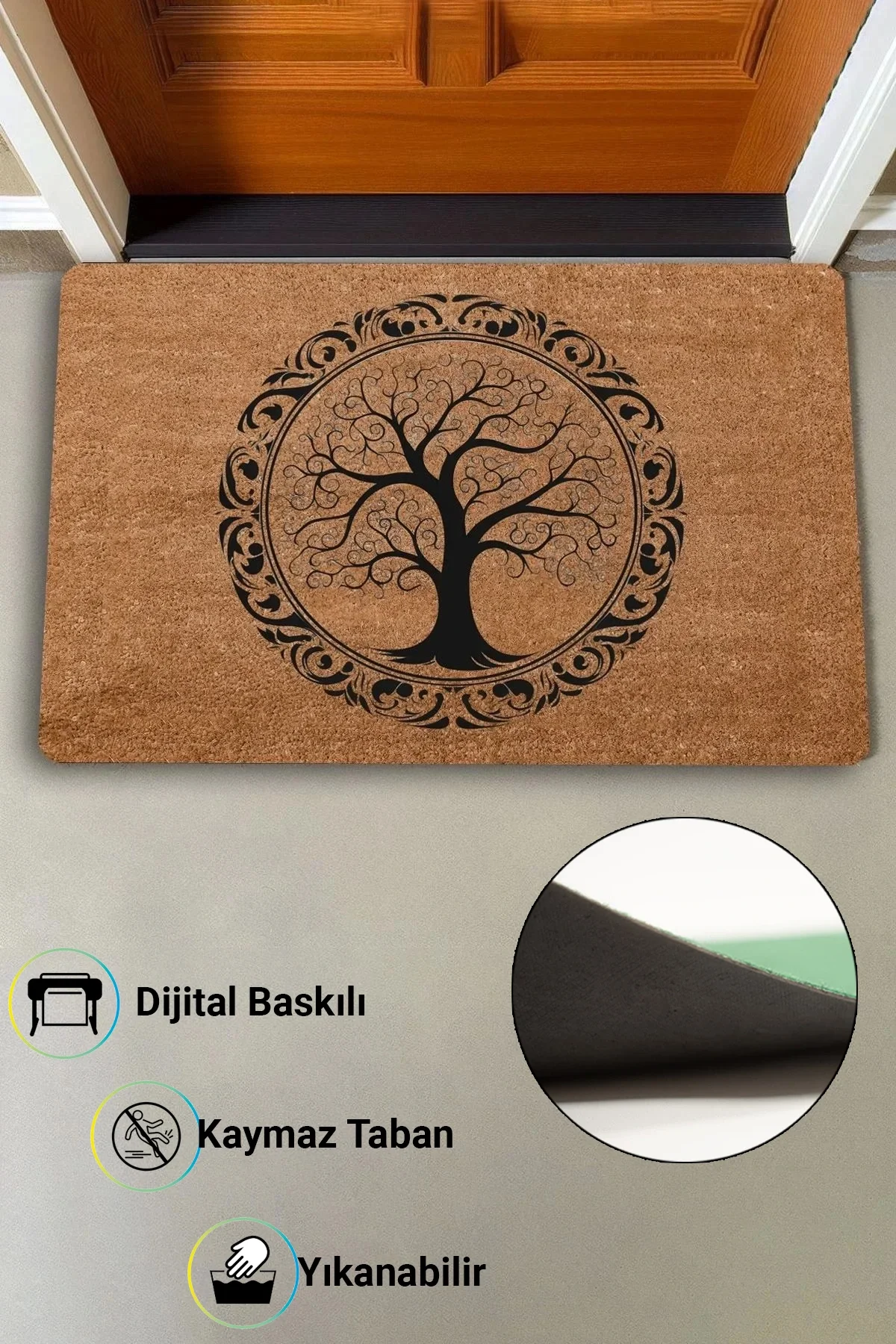 Valerine Life Yuvarlak Ağaç Tablosu Welcome Hoş Geldiniz Kapı Önü Paspası 45x70cm