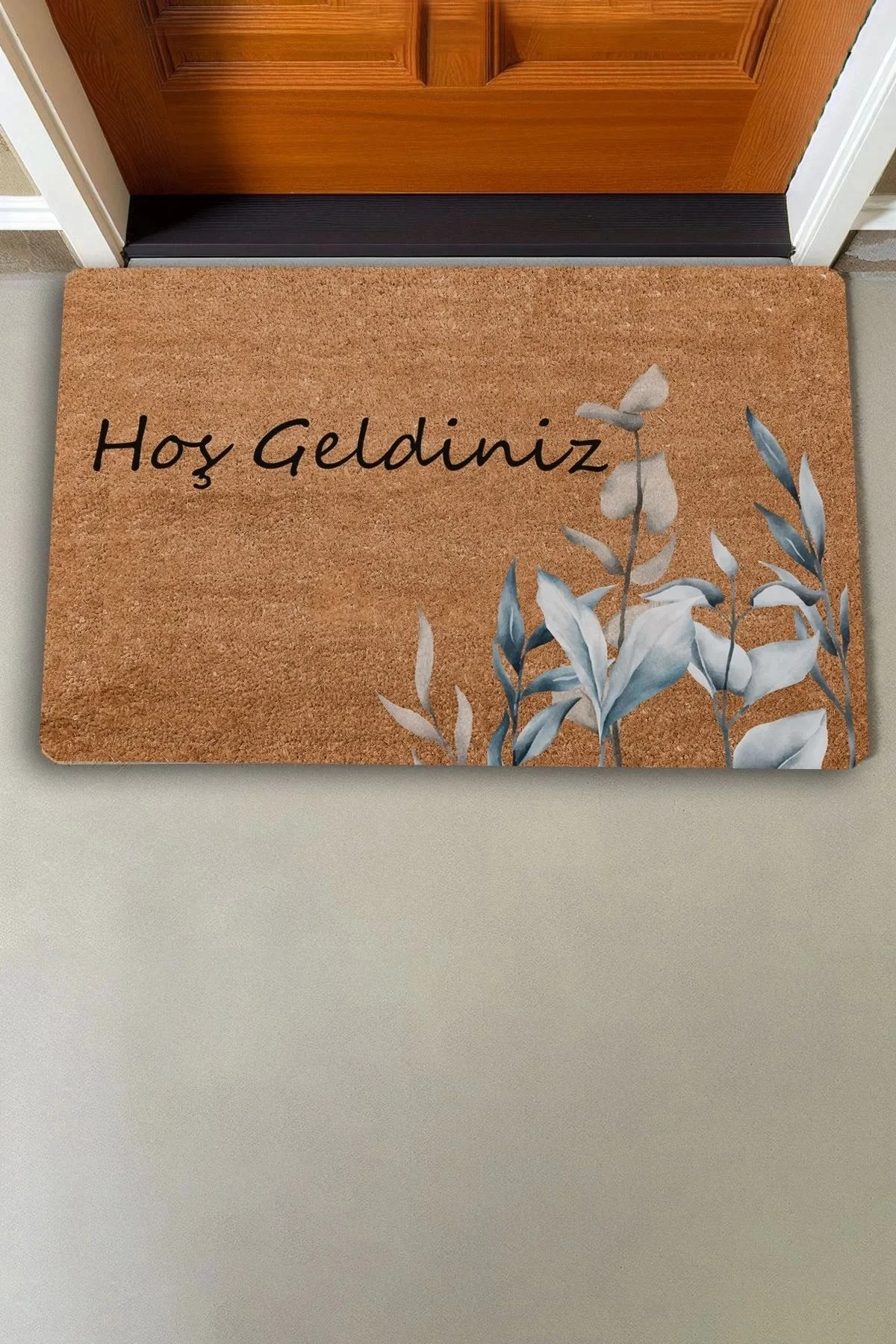 Valerine Life Zarif Gri Beyaz Yapraklar Hoş Geldiniz Kapı Önü Paspası 45x70cm