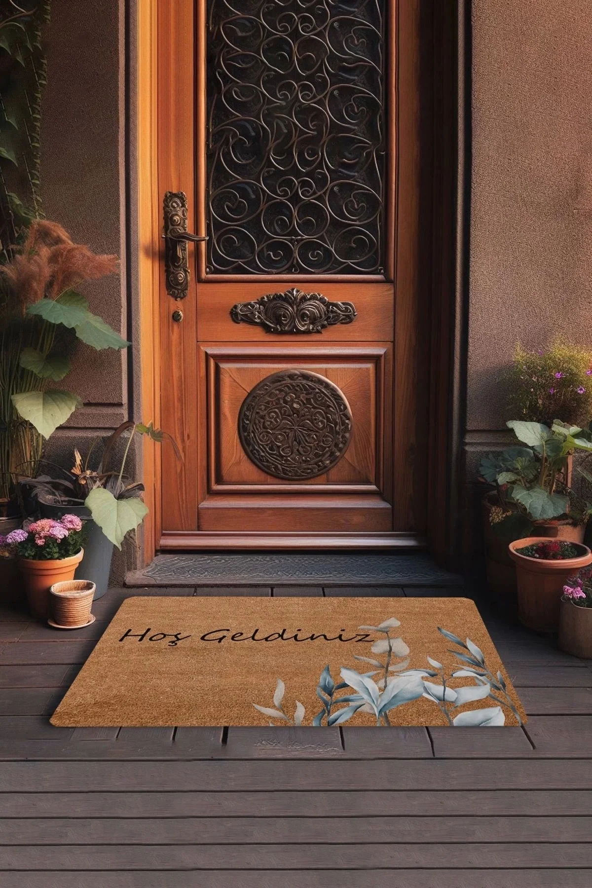 Valerine Life Zarif Gri Beyaz Yapraklar Hoş Geldiniz Kapı Önü Paspası 45x70cm