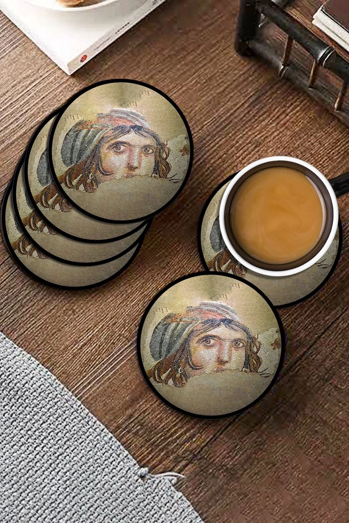 Valerine Life Zeugma Çingene Kız Figürlü Yıkanabilir Kaydırmaz Ofis Çay ve Fincan Bardak Altlığı 10x10cm 6 Adet