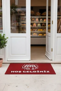Valerine Life Pastahane Pastacı Mercan Kırmızı Hoş Geldiniz Ev Ofis İşyeri Kapı Önü Paspası 45x70cm