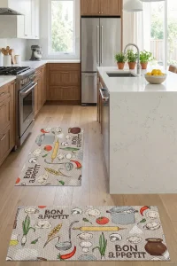 Valerine Life Mutfak Yolluğu Halısı Bon Appetit Afiyet Olsun Krem Renk Tezgah Önü Paspası İkili Kilim Takımı Döküntülere Estetik Çözüm Matı