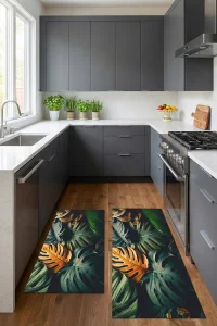 Valerine Life Mutfak Yolluğu Halısı Yeşil Palmiye Yapraklı Tezgah Önü Paspası İkili Kilim Takımı Döküntülere Estetik Çözüm Matı