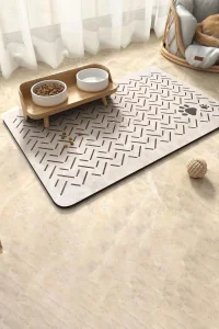 MAtGo Pati Evcil Hayvan Beslenme Matı Çizgi Patili Su Geçirmez Kaymaz Krem Kedi Köpek Mama Paspası 50x70cm