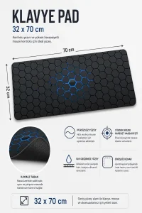 SonicTouch Neon Hex Mavi Siyah Kaymaz Taban Pürüzsüz Yüzey Dikişsiz Gamer Klavye Mouse Pad 32x70cm