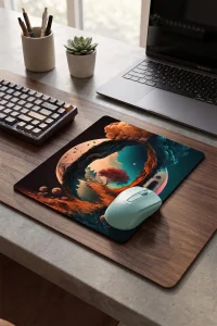 SonicTouch Kozmik Ay Manzarası Mavi Turuncu Kaymaz Dikişsiz Pürüzsüz Gamer Mouse Pad17x21cm