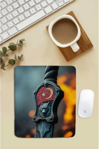 SonicTouch Bilek Destekli Kurt Başlı Türk Kılıcı Kırmızı Dikdörtgen Pürüzsüz Yüzey Dikişsiz Mouse Pad 18x22cm