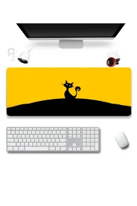 SonicTouch Kara Kedi Sarı Siyah Gamer Oyuncu Dikişsiz Sıvı Geçirmez Klavye Mouse Pad 32x70Cm