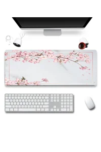 SonicTouch UltraGrand Bahar Dalları Gri Pembe Dikişsiz Xxl Gaming Oyuncu Masaüstü Klavye Mouse Pad 40x90Cm