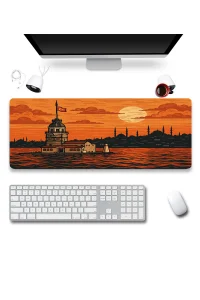 SonicTouch UltraGrand Kız Kulesi ve İstanbul Silueti Turuncu Dikişsiz Xxl Gaming Oyuncu Masaüstü Klavye Mouse Pad 40x90Cm