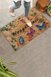 Valerine Life Ahşap Oyma Temalı Kelebekli Hoş Geldiniz Kapı Önü Paspası 45x70cm