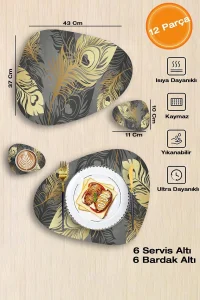 Valerine Life Altın Gold Tüy Desenli Amerikan Deri Kaymaz Yıkanabilir Servis Tabak Altlığı 12 Parça 6 Kişilik