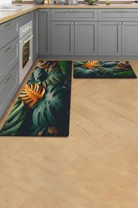 Valerine Life Yeşil Palmiye Yapraklı Mutfak Matı Halısı Yıkanır Kaymaz Taban Tezgah Önü Paspası İkili Set
