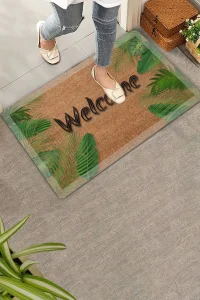Valerine Life Beyaz Çerçeveli Palmiye Yaprakları Welcome Kapı Önü Paspası 45x70cm
