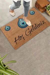 Valerine Life Bize Nazar Değmesin Üçlü Nazar Boncuğu Hoş Geldiniz Welcome Kapı Önü Paspası 45x70cm