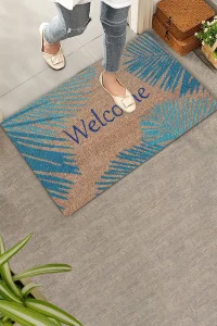 Valerine Life Mavi Palmiye Yapraklı Welcome Hoş Geldiniz Kapı Önü Paspası 45x70cm