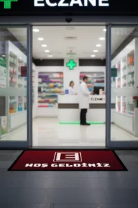 Valerine Life Eczane Logolu Kırmızı Dijital Baskılı Hoş Geldiniz Dükkan Önü İş Yeri Kapı Önü Paspası 50x90cm