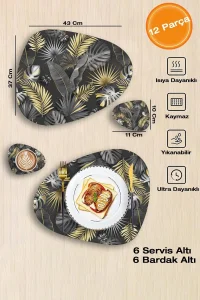 Valerine Life Gri Gold Palmiye Yaprağı Desenli Amerikan Deri Kaymaz Yıkanabilir Servis Altlığı 12 Parça 6 Kişilik