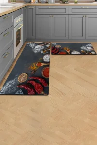 Valerine Life Baharatlı Kuru Biberli Siyah Mutfak Matı Halısı Yıkanır Kaymaz Taban Tezgah Önü Paspası İkili Set